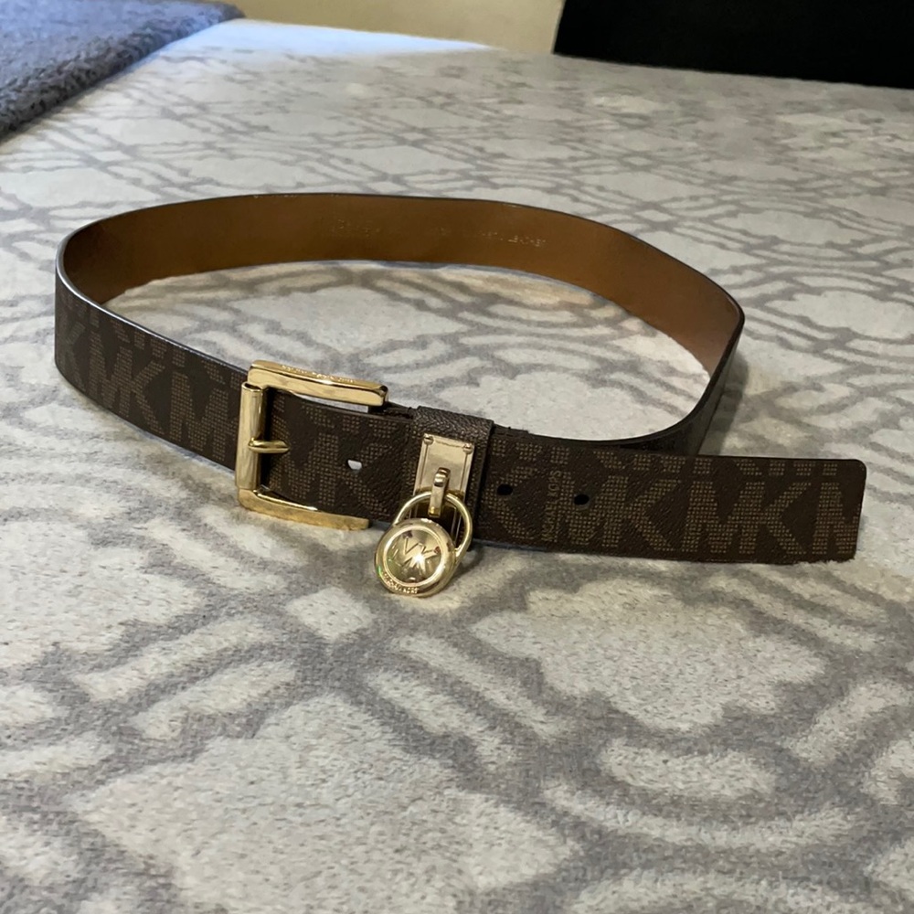 Michael Kors Brown Logo Leather Belt with Gold Charm